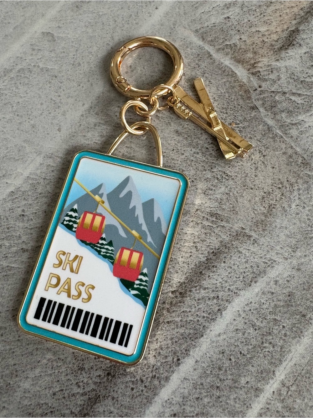 Piper K Bag Charm Keychain Vintage Ski Pass Gold